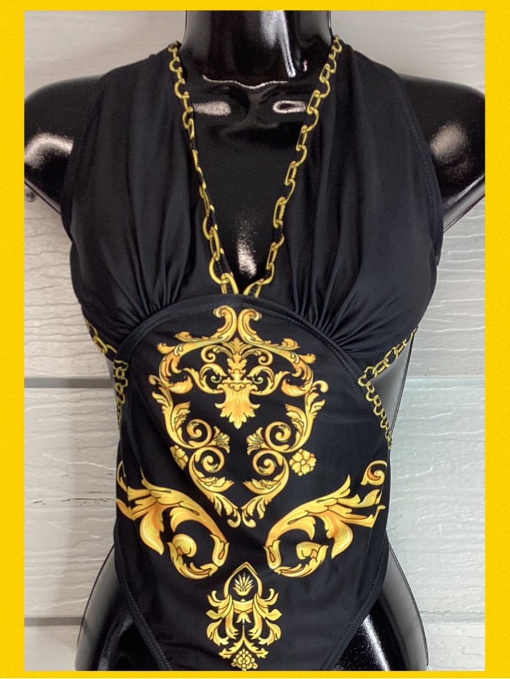 Black & Gold Deep V One-Piece Swimsuit - Women's Swim.52 - Picture 8 of 8